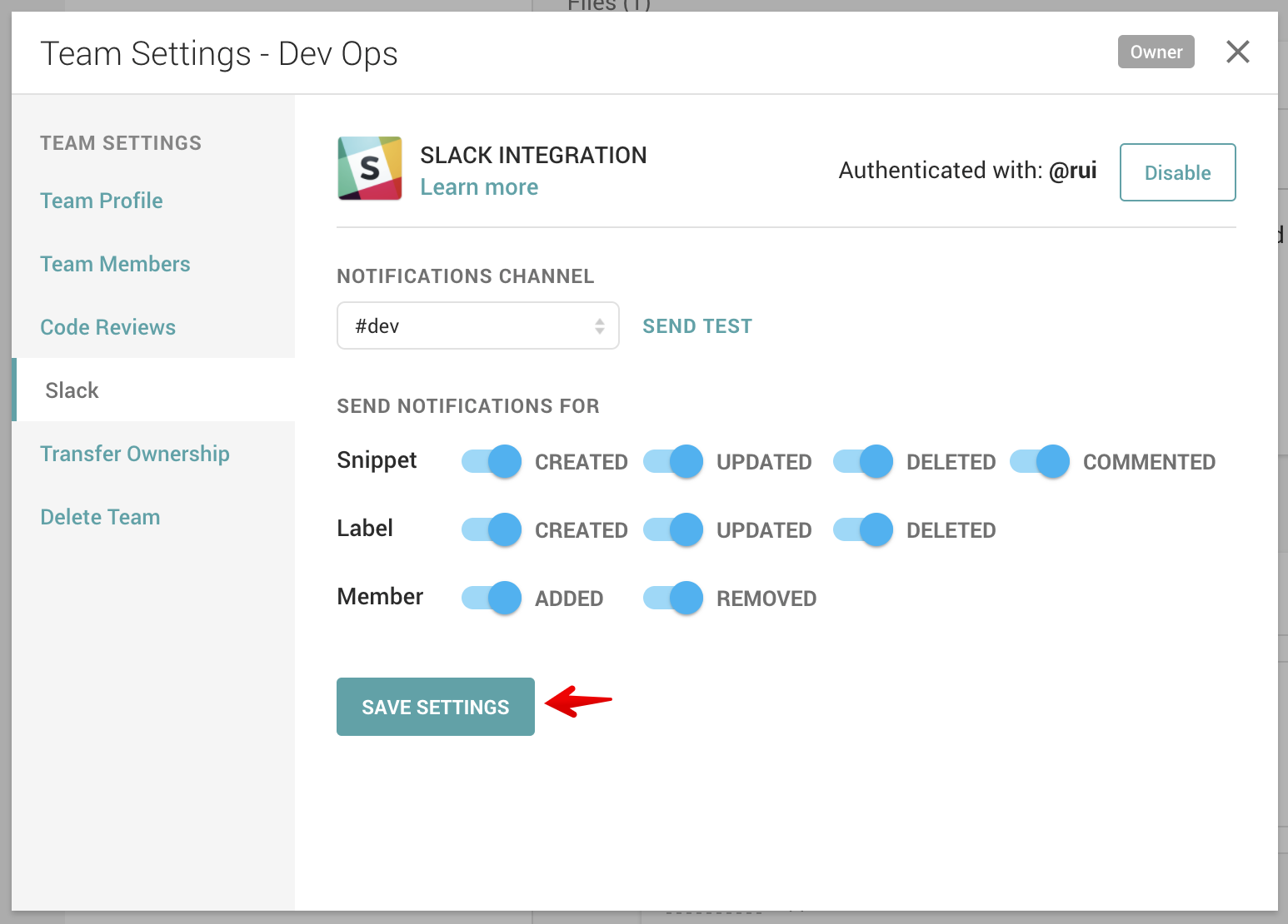 Save Slack settings